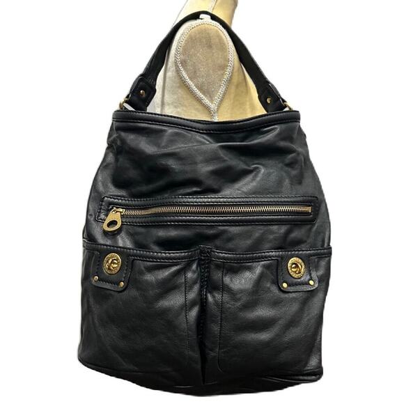 Marc Jacobs Hobo Shoulder Bag Black Leather Front LG Zip & 2TURN Lock Pockets - Picture 1 of 11